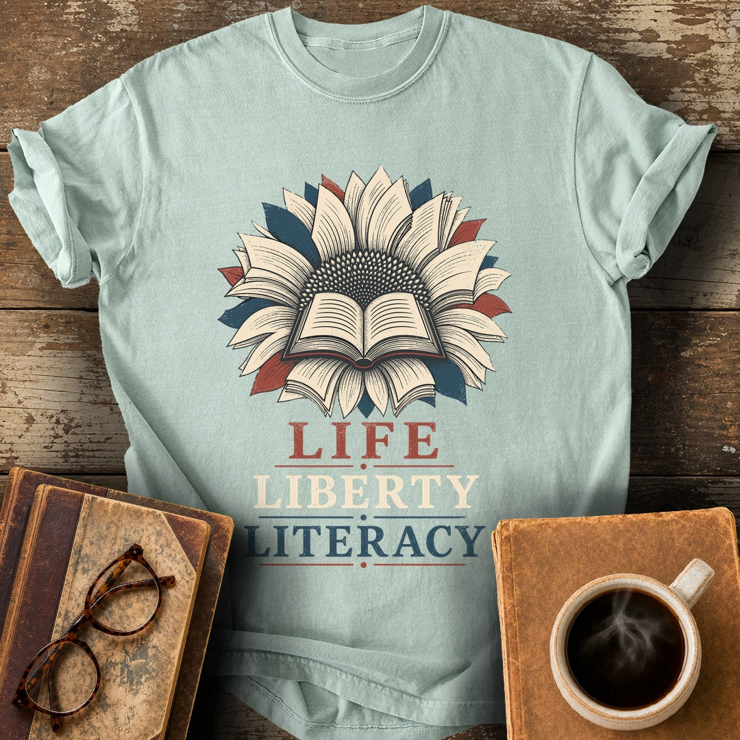 Life Liberty Literacy Tee - bay shirt mockup